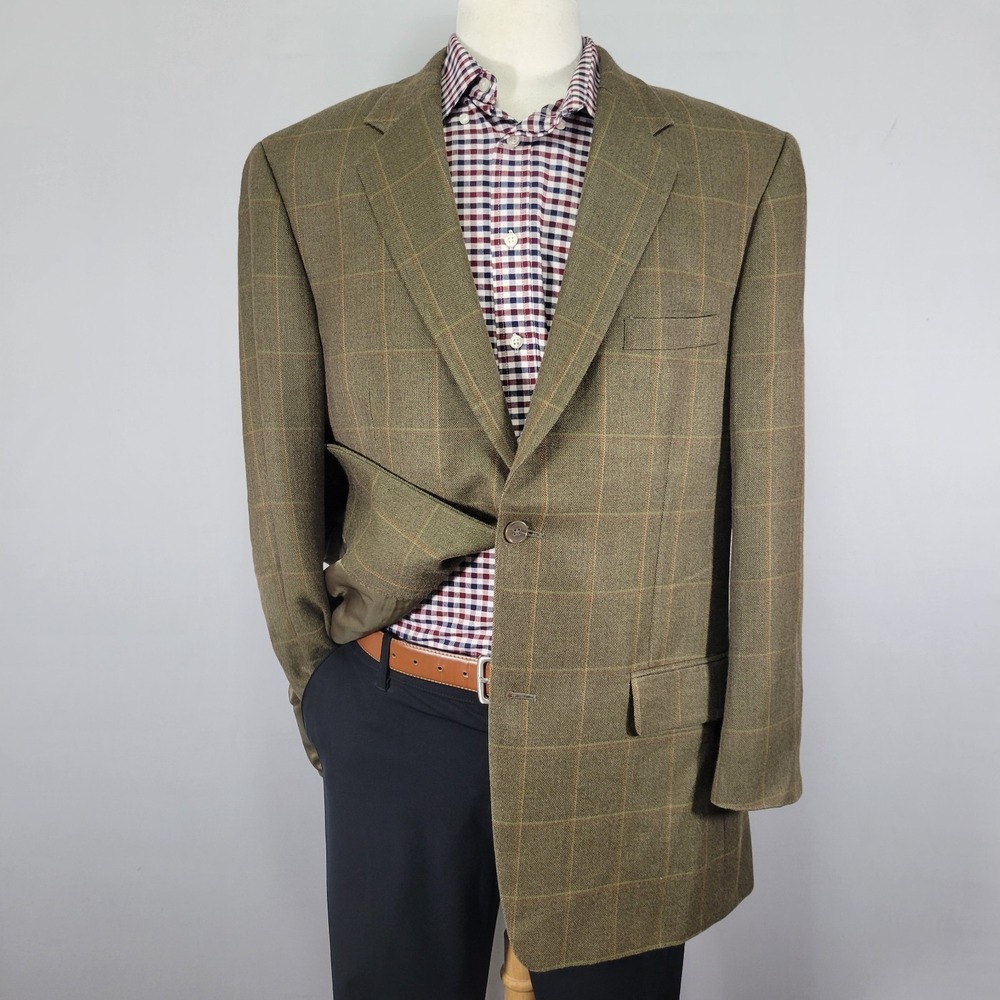 Tasso Elba Men's Sport Coat Blazer Two Button Olive Plaid Silk Camel hair 42L